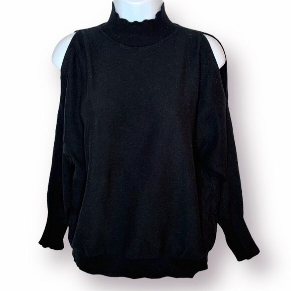 Devotion by Cyrus Dolman Cold Shoulder Black Sweater Mockneck Ribbed Trim M - Picture 3 of 11